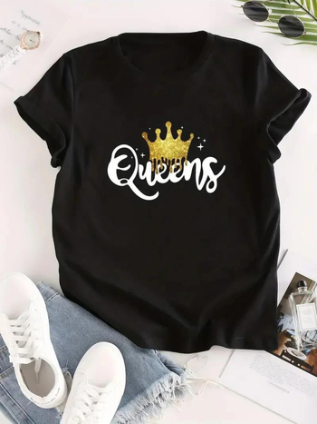 Γυναικεία T‑Shirt Queen με εκτύπωση γραμμάτων, λαιμός crew neck, κοντό μανίκι, 90–95% πολυεστέρας, εκτύπωση/βαφή