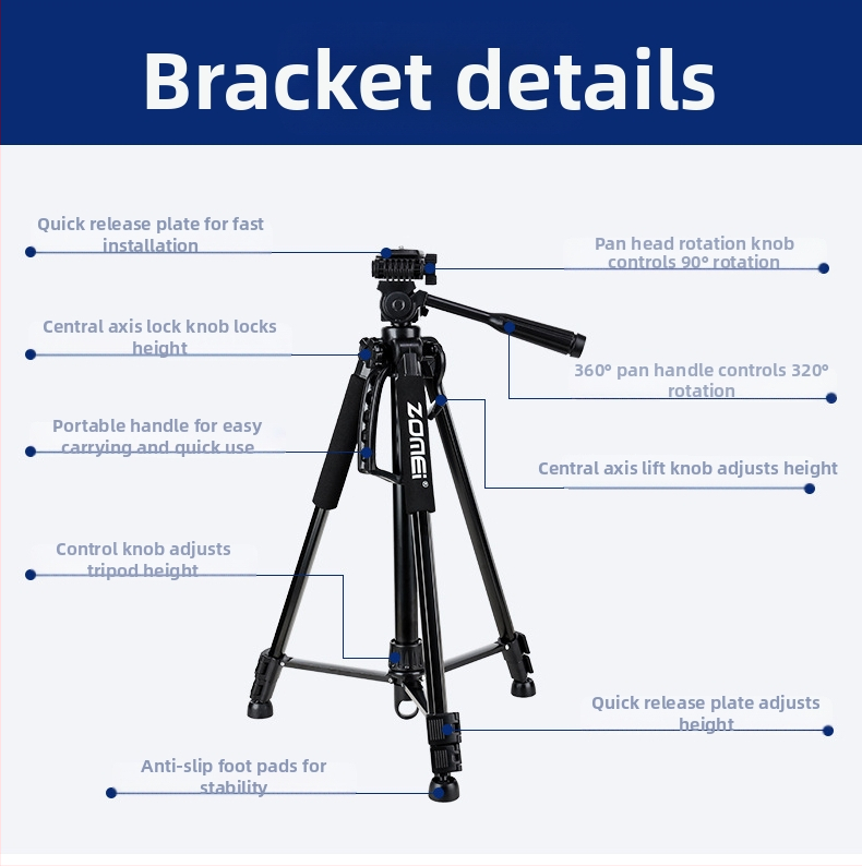 ZoMei трипод с 3D глава, алуминиева сплав, 4-сегментни крака, товароподемност 2–5 кг, с плоча за бързо освобождаване