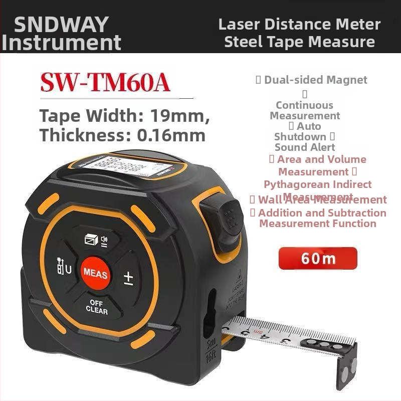Лазерен измервател на разстояние SW-TM60 серия, модел SW-TM60; обхват 40–60 m, точност ±2, захранване 1.5V AA×2
