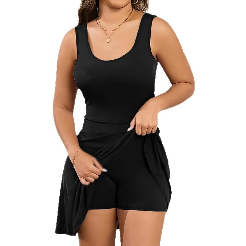 Moteriškas U kaklo bodis su teniso sijonu, gražus nugaros vaizdas, apsauga nuo persišvietimo, šoninės kišenės, sporto jogos pagrindinis sluoksnis; užpakalio pakėlimas, pilvo kontrolė; audinys 250 g, 2x2 ribos; 90% poliesteris, 10% elastanas; be krūtų pagal