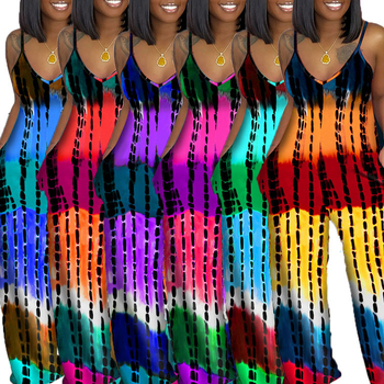 Γυναικεία αμάνικη ολόσωμη φόρμα με βαθύ V-λαιμό και tie-dye εκτύπωση, ελεύθερη εφαρμογή, πολυεστέρας, μήκος 141 cm.