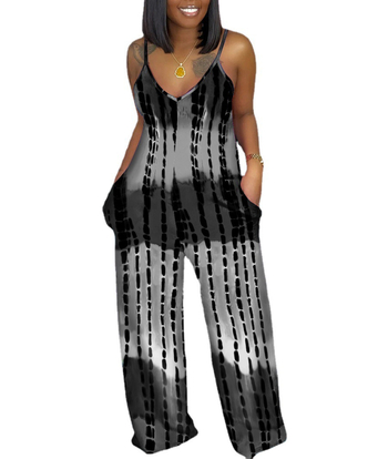 Γυναικεία αμάνικη ολόσωμη φόρμα με βαθύ V-λαιμό και tie-dye εκτύπωση, ελεύθερη εφαρμογή, πολυεστέρας, μήκος 141 cm.