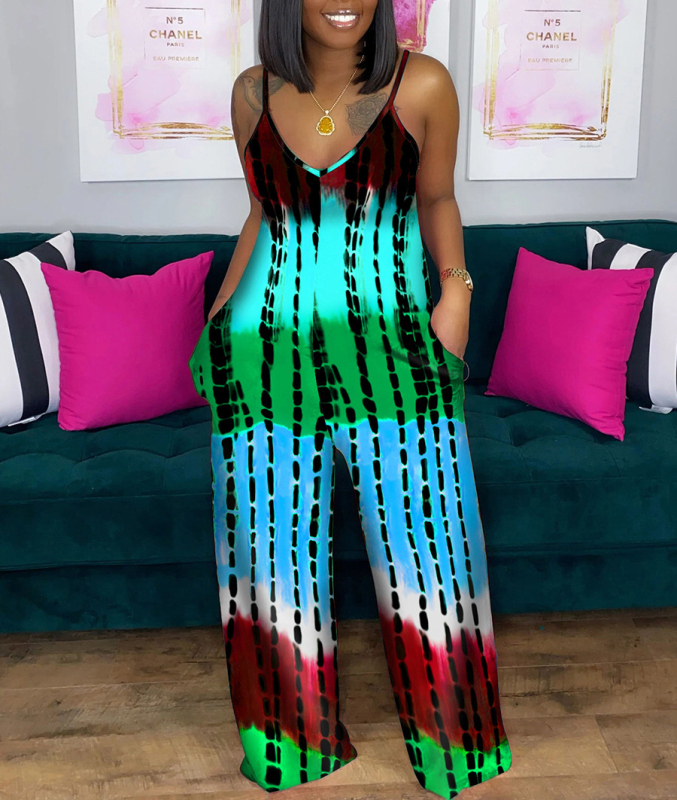 Női ujjatlan overál mély V-nyakkal, tie-dye mintával, lazán szabott, poliészter, hossz 141 cm.