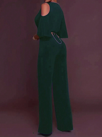 Γυναικεία ολόσωμη φόρμα με φαρδιές παντελόνες και ζώνη — Πολυεστέρας, φινίρισμα Mercerized, λαιμόκοψη τύπου crew neck, μακριά μανίκια, ψηλόμεση