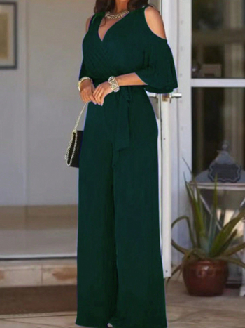 Γυναικεία ολόσωμη φόρμα με φαρδιές παντελόνες και ζώνη — Πολυεστέρας, φινίρισμα Mercerized, λαιμόκοψη τύπου crew neck, μακριά μανίκια, ψηλόμεση