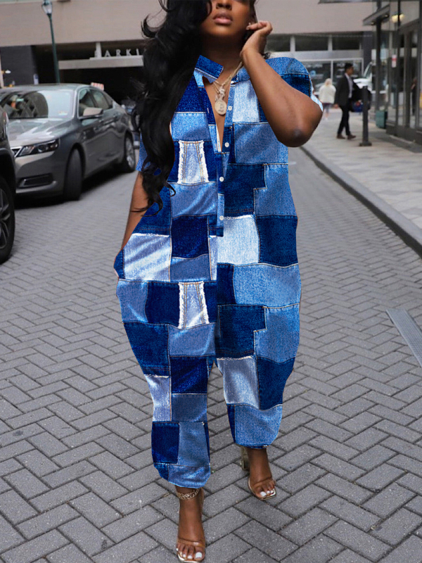 Комбинезон с полиестер-спандекс смес; 3/4 ръкав; свободни панталони; средна талия (Полиестер-спандекс смес; 3/4 ръкав; свободни панталони; средна талия)