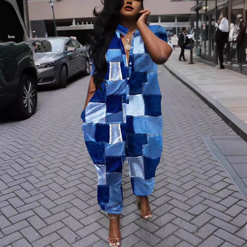 Комбинезон с полиестер-спандекс смес; 3/4 ръкав; свободни панталони; средна талия (Полиестер-спандекс смес; 3/4 ръкав; свободни панталони; средна талия)