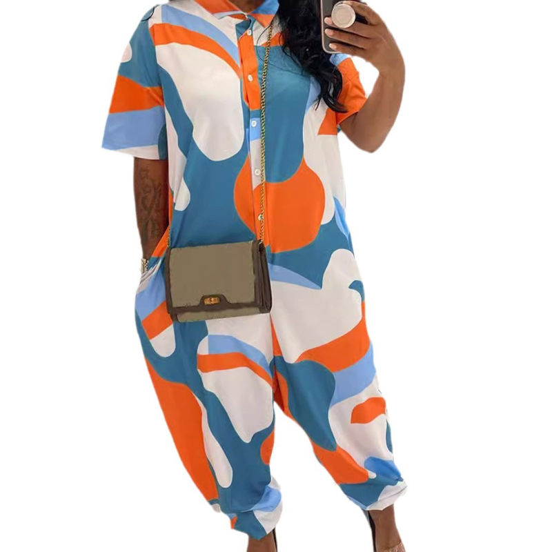 Комбинезон с полиестер-спандекс смес; 3/4 ръкав; свободни панталони; средна талия (Полиестер-спандекс смес; 3/4 ръкав; свободни панталони; средна талия)