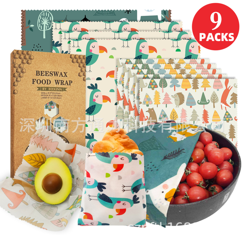 Beekinn восъчни обвивки за храна, комплект от 9 броя, плат с восъчно покритие, хранителен клас, опаковка от хартия