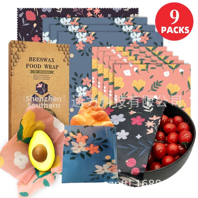 Beekinn восъчни обвивки за храна, комплект от 9 броя, плат с восъчно покритие, хранителен клас, опаковка от хартия