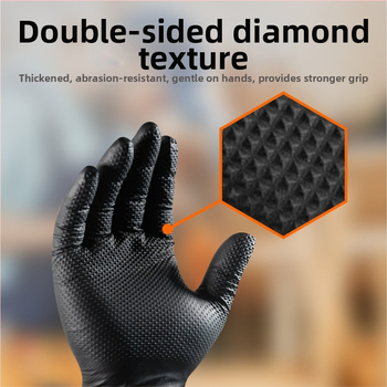 Μονόχρηστα γάντια νιτριλικά με υφή διαμαντόμορφου μοτίβου, ανθεκτικά στη φθορά, για υγειονομική περίθαλψη, βιομηχανία τροφίμων, χημεία, ηλεκτρονικά, φαρμακευτική, βαφή και εκτύπωση· κατάλληλα για οικιακή χρήση και επισκευές αυτοκινήτων/κομμωτική