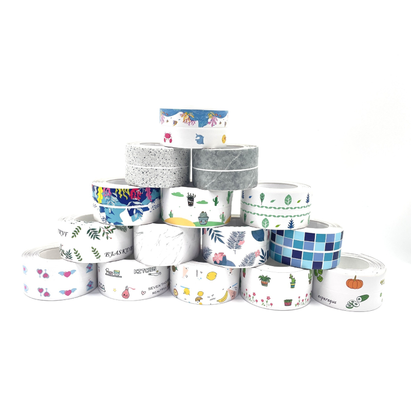 PVC falikép matrica konyha és fürdőszoba számára — vízálló, penész-ellenálló, anti-fouling; öntapadós; minták: csíkok, egyszínű, szív, növények.