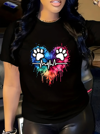 Γυναικείο T‑shirt με γεωμετρική καρδιά appliqué, βαμβακερό πλεκτό μείγμα, στρογγυλός λαιμός, κοντά μανίκια, κανονική εφαρμογή