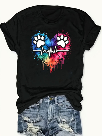 Γυναικείο T‑shirt με γεωμετρική καρδιά appliqué, βαμβακερό πλεκτό μείγμα, στρογγυλός λαιμός, κοντά μανίκια, κανονική εφαρμογή