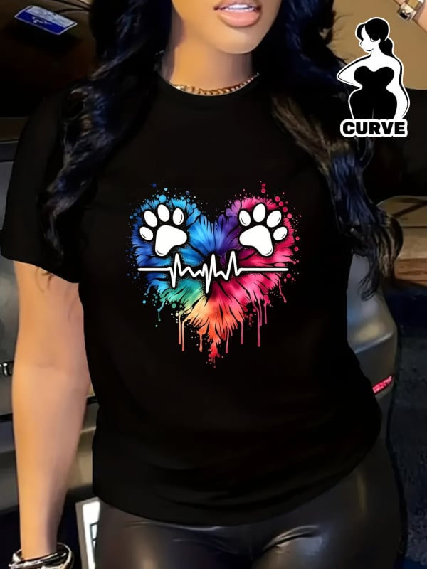 Női póló geometriái szív applikációval, pamut kötött keverék, kerek nyak, rövid ujjú, szabályos szabás