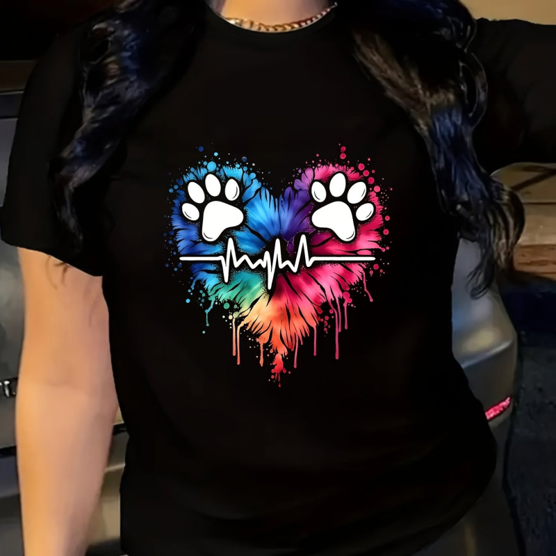 Női póló geometriái szív applikációval, pamut kötött keverék, kerek nyak, rövid ujjú, szabályos szabás