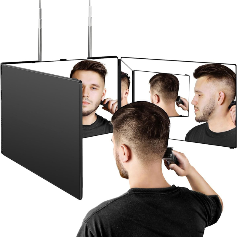 Függő kozmetikai tükör kihúzható kampóval, háromoldalas összehajtható tükör, ABS keret, alumínium tükör