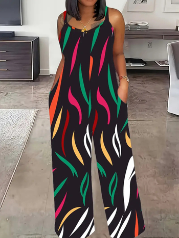 Ολόσωμη φόρμα: υψηλή μέση, φαρδιά παντελόνια, χωρίς μανίκια, πολυεστερικό ύφασμα, street-hipster στυλ, καλοκαίρι 2025.