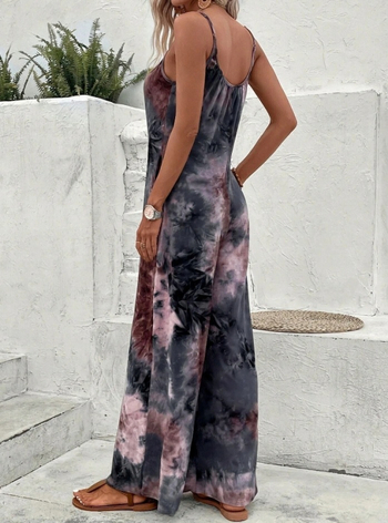 Γυναικείος ολόσωμος jumpsuit χωρίς μανίκια με εκτύπωση και αντίθεση πάνελ, πολυεστέρας, ελαφρώς χαλαρή μέση, κοντά ίσια παντελόνια, φθινόπωρο 2024