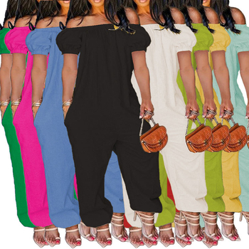 Ολόσωμο ρούχο με φουσκωτά μανίκια, άνετη μέση, ευθείες παντελόνες, ανάμειξη πολυεστέρα-σπαντεξ