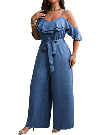 Egy vállas overall fodroval, deréköv, poliészter/spandesz keverék, 3/4-ujjú, egyenes szabású nadrág