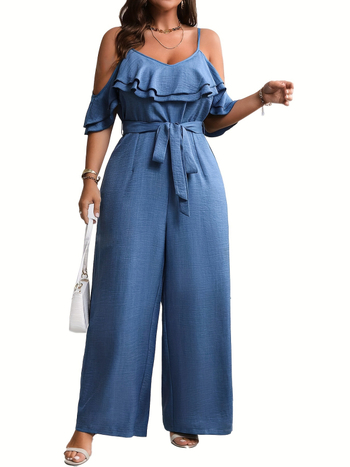 Φορμάδα ολόσωμη με έναν ώμο και βολάν, ζώνη μέσης, μίξη πολυεστέρα-σπαντέξ, μανίκια 3/4, ίσιο παντελόνι