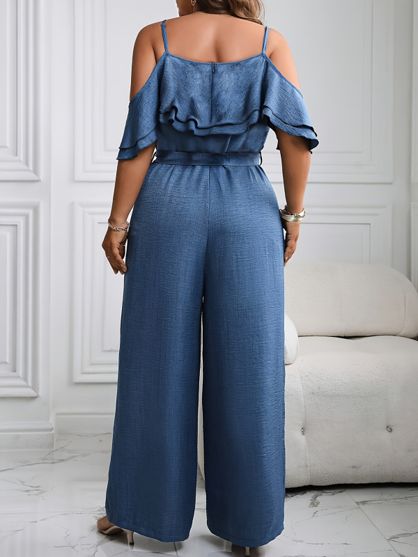 Egy vállas overall fodroval, deréköv, poliészter/spandesz keverék, 3/4-ujjú, egyenes szabású nadrág