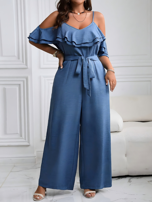 Egy vállas overall fodroval, deréköv, poliészter/spandesz keverék, 3/4-ujjú, egyenes szabású nadrág