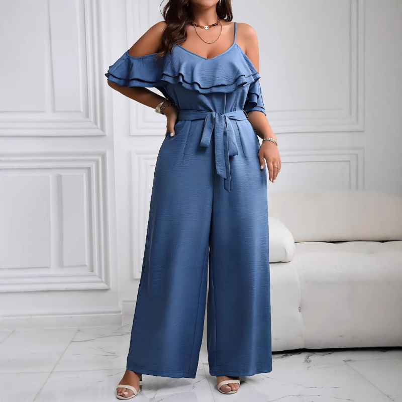 Egy vállas overall fodroval, deréköv, poliészter/spandesz keverék, 3/4-ujjú, egyenes szabású nadrág