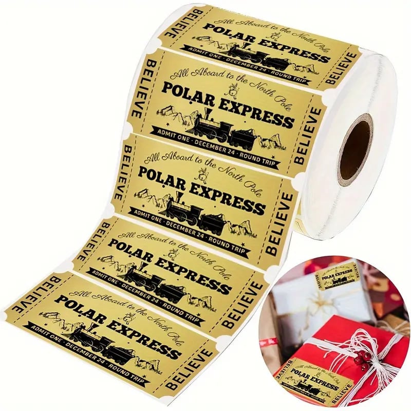 Naljepnica za ulaznicu - Polar Express Božić, Zlatna folija, Izrezan oblik, Dekorativna naljepnica