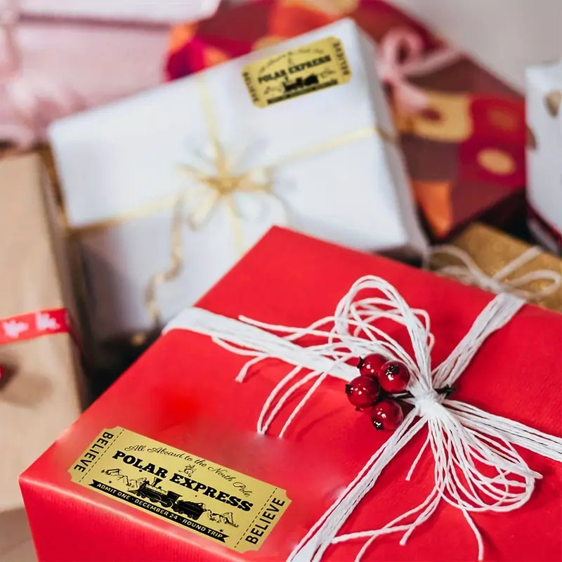 Bilieto lipdukas - Polar Express Kalėdos, Auksinės folijos, Iškirpta forma, Dekoratyvinis lipdukas