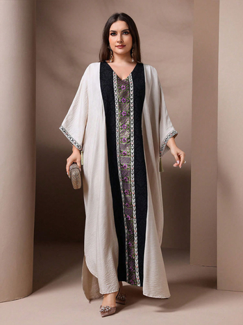 Poliészter jacquard ruha hímzett paillettes és bojtokkal, hosszú, ujj 3/4