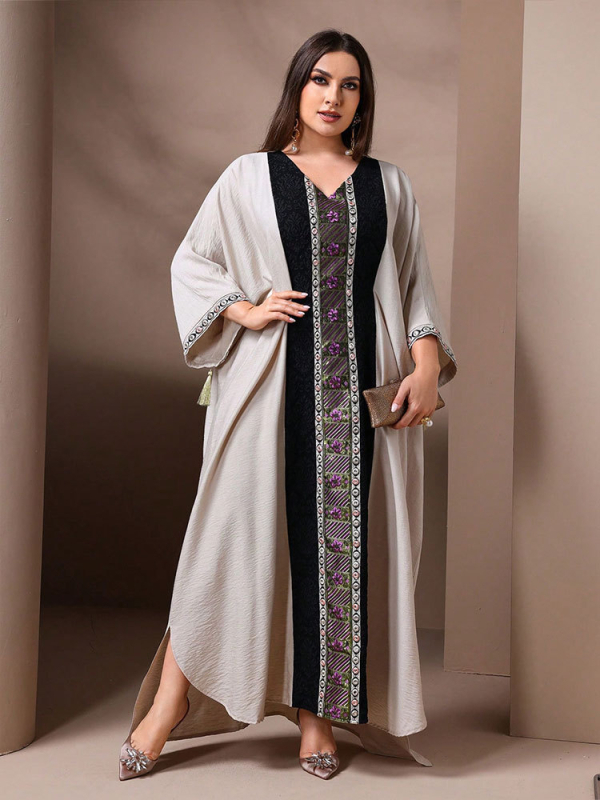 Poliészter jacquard ruha hímzett paillettes és bojtokkal, hosszú, ujj 3/4