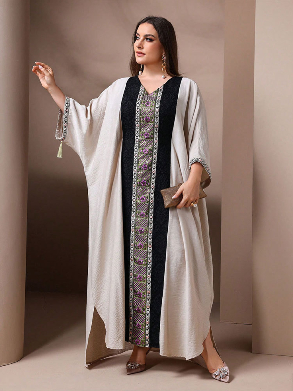 Poliészter jacquard ruha hímzett paillettes és bojtokkal, hosszú, ujj 3/4