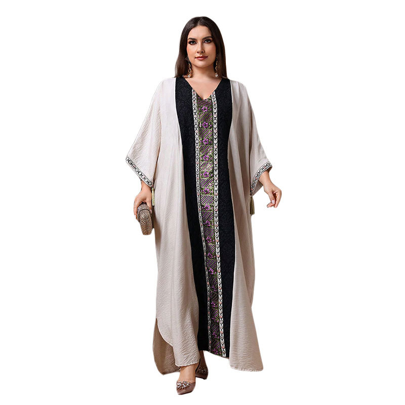 Poliészter jacquard ruha hímzett paillettes és bojtokkal, hosszú, ujj 3/4