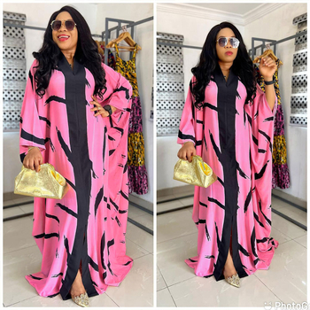 S10618 Πολυεστέρας φόρεμα με μακριά φούστα, ασύμμετρο σχέδιο, V-λαιμό, μακριά μανίκια