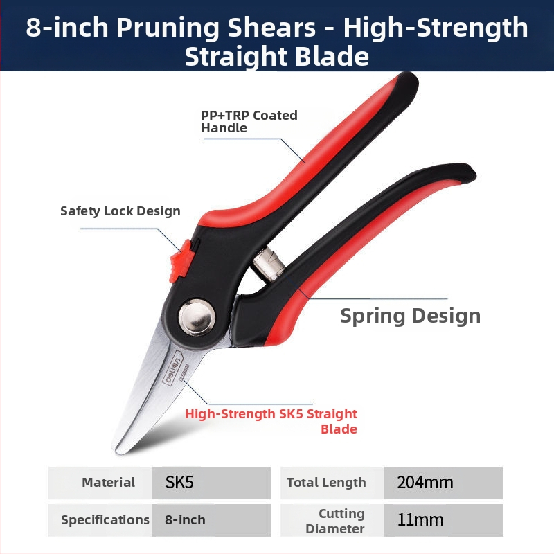Deli ножици за подрязване със стоманени ножове SK-5, PP дръжки, за подрязване на клонки и плодни дървета