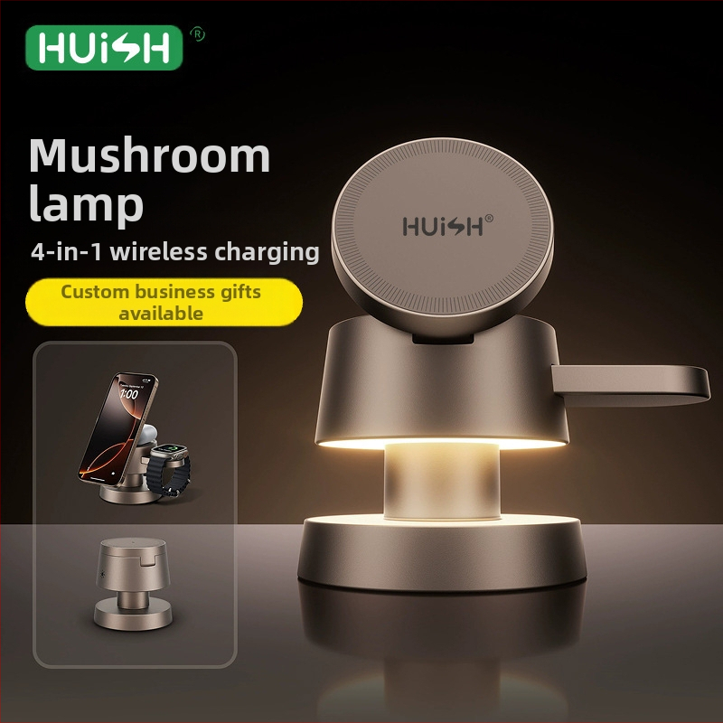 Alumīnija sakausējuma četrās vienā galda bezvadu uzlādes lasīšanas lampa ar sēņu dizainu, saderīga ar Apple magnētisko saliekamo uzlādi QC3.0 15W CE FCC ROHS