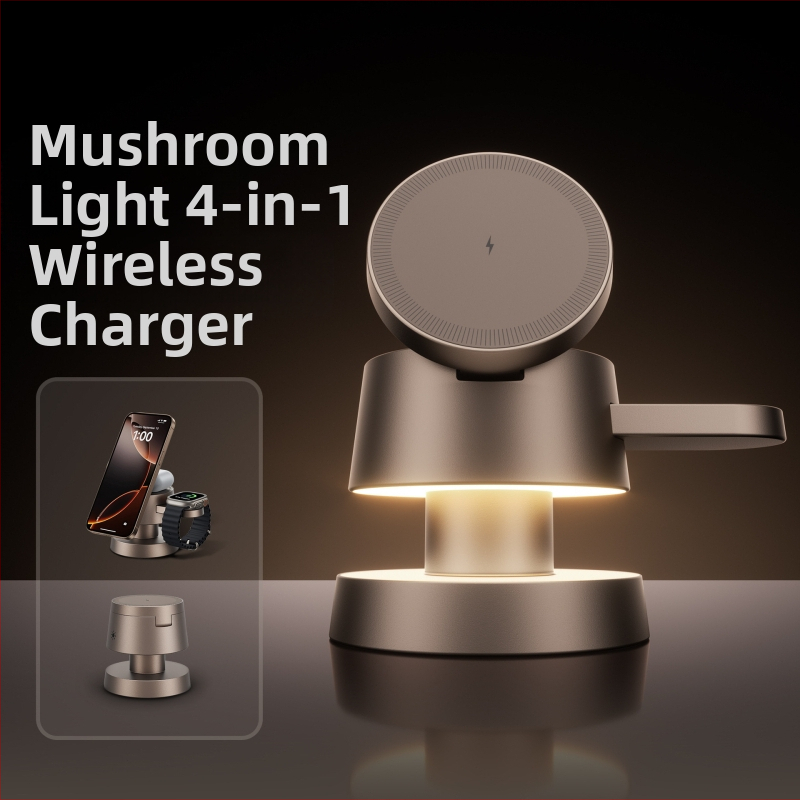 Alumīnija sakausējuma četrās vienā galda bezvadu uzlādes lasīšanas lampa ar sēņu dizainu, saderīga ar Apple magnētisko saliekamo uzlādi QC3.0 15W CE FCC ROHS