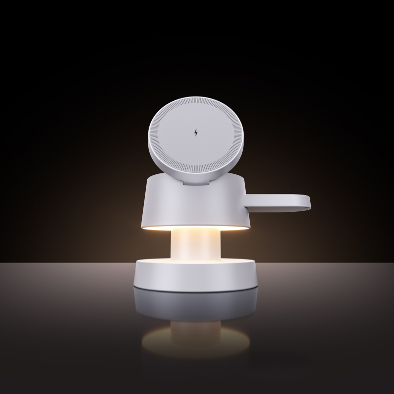 Alumīnija sakausējuma četrās vienā galda bezvadu uzlādes lasīšanas lampa ar sēņu dizainu, saderīga ar Apple magnētisko saliekamo uzlādi QC3.0 15W CE FCC ROHS