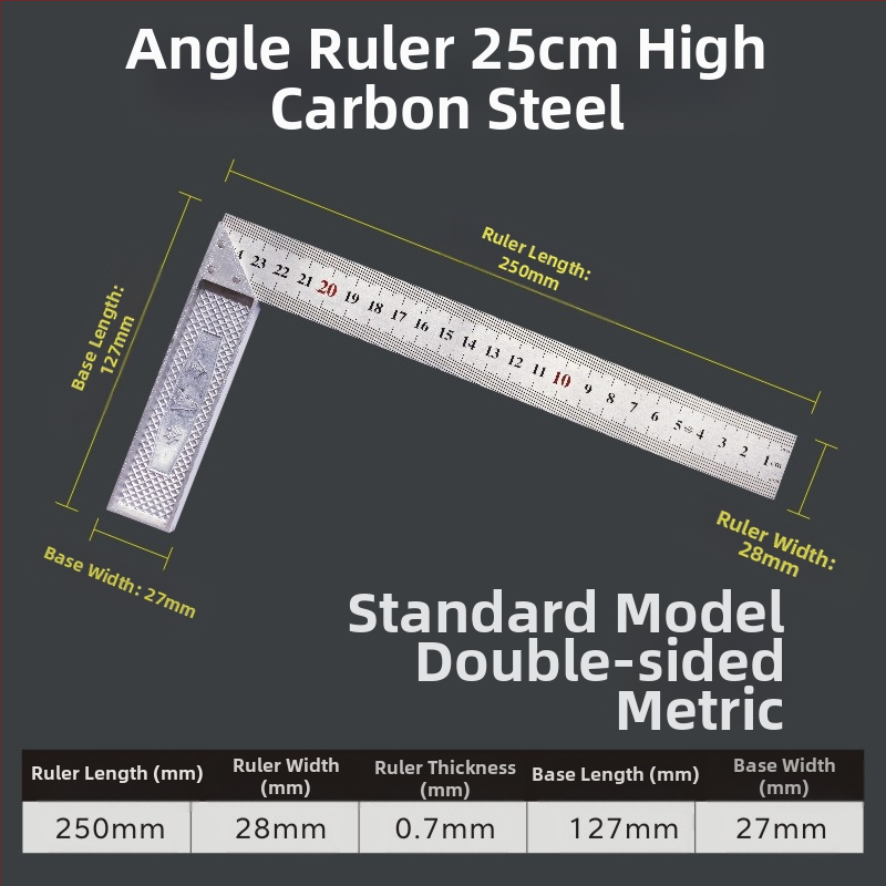 L-σχήματος γωνιόμετρο από χάλυβα υψηλής περιεκτικότητας σε άνθρακα για μέτρηση γωνιών, ακρίβεια 1 mm, με δυνατότητα προσαρμογής