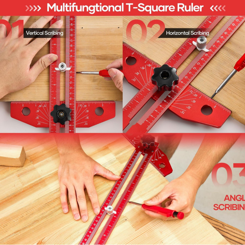 Дърводелска линейка за маркиране с регулируем алуминиев T-образен ръб и скала за ъгъл