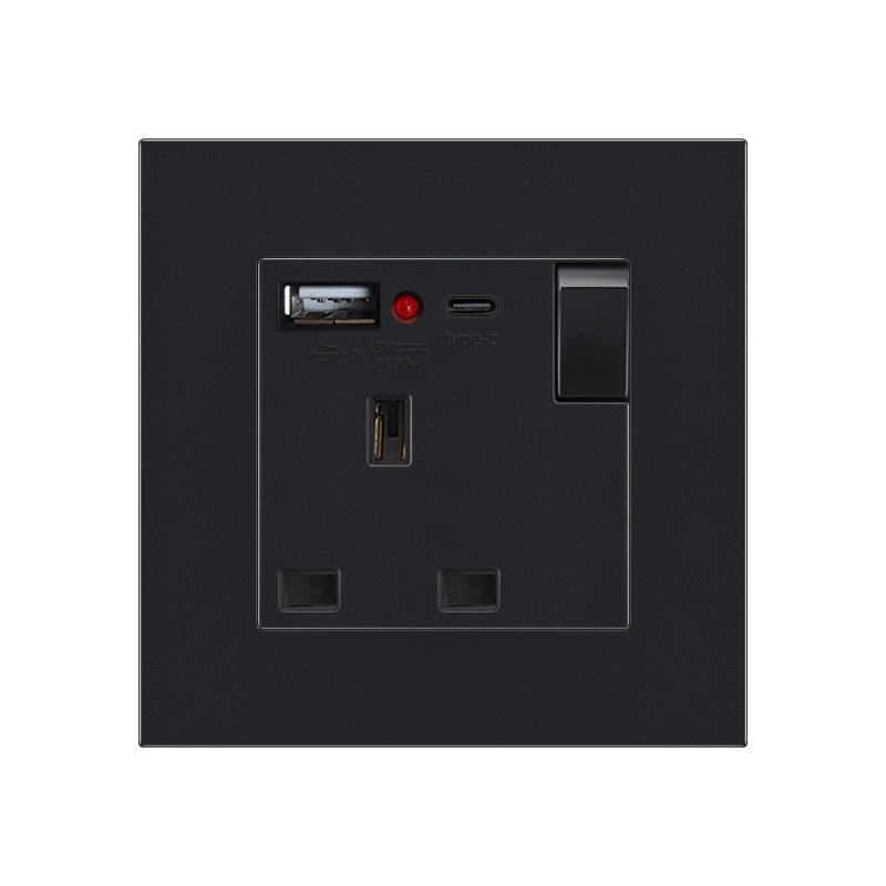 Британски стандарт 86-тип скрит стенен контакт с USB-C 18W бързо зареждане, 13A, CE сертифициран, 250V