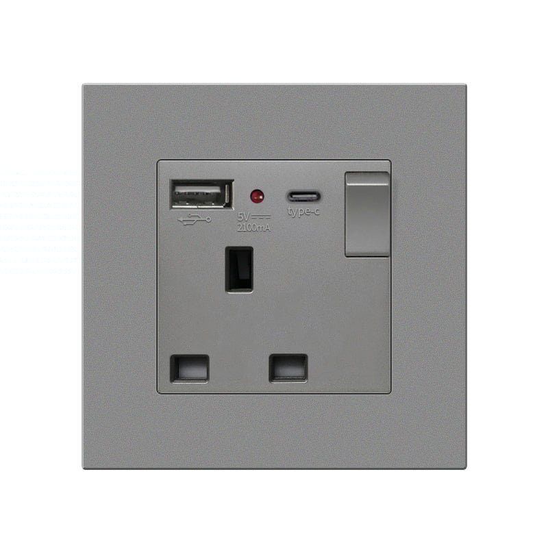 Британски стандарт 86-тип скрит стенен контакт с USB-C 18W бързо зареждане, 13A, CE сертифициран, 250V