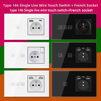 146-típusú érintő-panel 1/2/3 kapcsolóval, francia szabványú kettős USB aljzat, falon történő szerelés, 16A