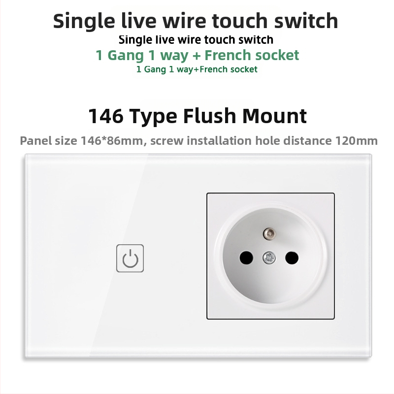 146-típusú érintő-panel 1/2/3 kapcsolóval, francia szabványú kettős USB aljzat, falon történő szerelés, 16A