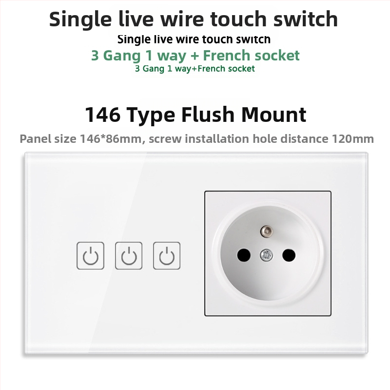 146-típusú érintő-panel 1/2/3 kapcsolóval, francia szabványú kettős USB aljzat, falon történő szerelés, 16A