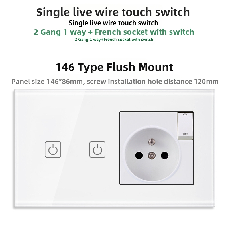 146-típusú érintő-panel 1/2/3 kapcsolóval, francia szabványú kettős USB aljzat, falon történő szerelés, 16A