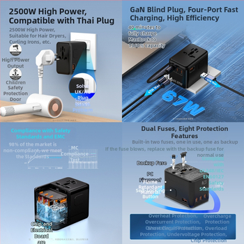 GaN greito įkrovimo 67W kelioninis įkroviklis su konvertuojančia kištuke ir USB kelių uostų