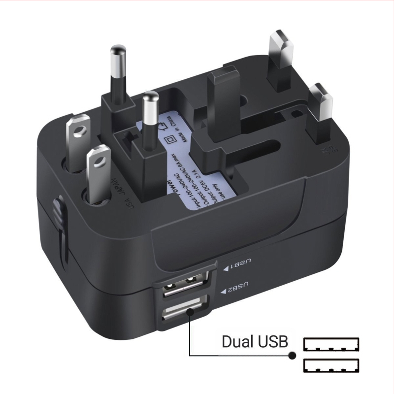 RRTRAVEL universalus kištukų adapteris su dvigubais USB 2.1A
